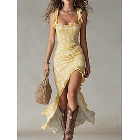 Damen Maxikleid Boho-Kleid Blumenkleid Elegant Mode Modern Urlaub Club Wochenende Normale Passform Blumen Ärmellos Träger Gelb Wein Marineblau Grün Sommer Früh