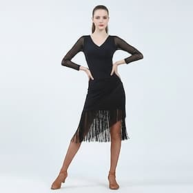 Vestido preto de dança latina - roupa profissional para apresentações de dança de salão com mangas de tule
