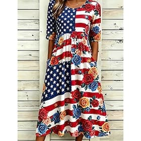 Women's Midi Dress Shift Dress Vacation Casual Holiday Regular Fit Graphic Flag Half Sleeve Crew Neck Blue White Red Summer Spring