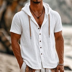 Men Shirt Linen Shirt Summer Shirt Beach Wear Button Up Shirt Hooded Shirt Solid Color Casual Vacation Blue Black White Navy Blue Short Sleeve Hooded Summer Sp