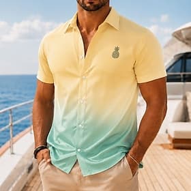 Men's Pineapple Gradient Color Tropical Plants Satin Shirt Hawaiian Shirt Aloha Shirt Short Sleeve Hawaiian Daily Vacation Summer Spring Turndown Collared Shir