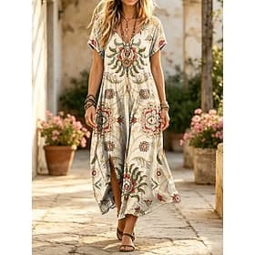 Femmes Robe Midi Robe fourreau Occasionnel Coupe régulière Fleuri Géométrique Abstrait Manche Courte Col en V Blanche Vert Beige Été Printemps