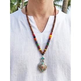 Herren-Halskette aus Naturholzperlen mit tibetischem Totem-Anhänger, lange Kette im Boho-Ethno-Stil für Meditation, Yoga, spirituelle Zusammenkünfte und lässig