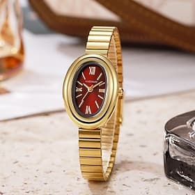 Ladies Gold Oval Watch, Vintage Red Face Roman Numerals Analog Quartz Wristwatch with Stretch Expansion Band, Retro Elegant Jewelry Bracelet Watch for Women