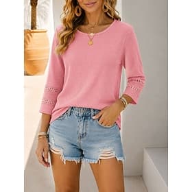 Women's T Shirt Contrast Lace Solid Color Vintage Stylish Casual 3/4 Length Sleeve Crew Neck Regular Tops Casual Daily Pink Beige Gray Summer Spring