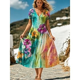 Women's Midi Dress Casual Dress A Line Dress Vacation Holiday Regular Fit Floral Graphic Short Sleeve V Neck Blue Pink Green Summer Spring