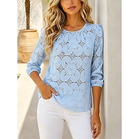 Women's Blouse Lace Solid Color Stylish Casual 3/4 Length Sleeve Crew Neck Regular Tops Casual Daily Blue White Pink Beige Summer Spring