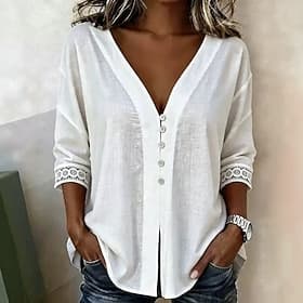 Women's Shirt Blouse Buttons Solid Color Elegant Vacation Daily 3/4 Length Sleeve V Neck Regular Tops Casual Daily White Pink Sky Blue Summer Spring