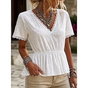 Women's Shirt Embroidered Lace Trim Solid Color Floral Elegant Bohemia Vacation Short Sleeve V Neck Long Tops Casual White Summer Spring
