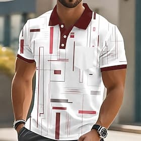 Men's Geometic Polo Shirts Short Sleeve Polo Shirts Collared Shirts Business Casual Outdoor Athleisure Daily Wear 3D Print Buttons Spring Summer Blue Red Purp