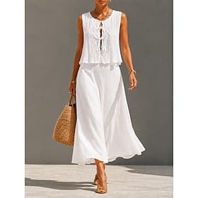 Women's Boho Vacation Cotton Cotton Linen Ruched Top Skirt Set Black White Yellow Summer Regular Fit