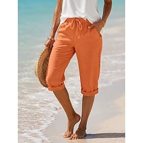 Damen Shorts aus Baumwollleinen Caprihose Chinos Sommershorts Urlaub Streetwear Lässig Knielang Mittlere Taillenlinie Einfach Kordelzug Tasche Bequem Atmungsak