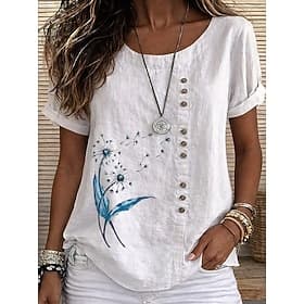 Femmes Chemisier Boutons Imprimé Fleuri Graphique ancien Tropical Élégant Sans manches Manche Courte Hauts Réguliers Occasionnel Fête Bleu bleu marine Orange V
