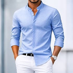 Men's Shirt Dress Shirt Non Iron Shirt Button Up Shirt Textured Casual Daily Light Blue Black White Pink Long Sleeve Grandad Collar Summer Spring Clothing Appa