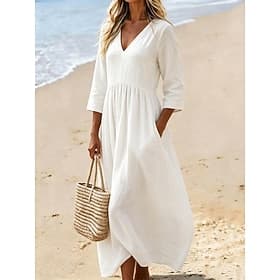 Femmes Robe maxi Robe d'Été Robe Décontractée Vacances Occasionnel Boho Plage Soirée Date Coupe régulière Uni Manche 3/4 Col en V Bleu Noir Blanche Rose Claire