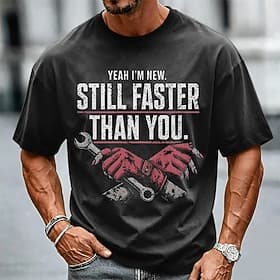 Men's Yeah I'm New Still Faster Than You Funny Mechanic Wrench Cotton Acid Wash Shirt Heavyweight T-shirt Short Sleeve T shirt DTG Crew Neck Shirt Fashion Dail