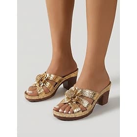 Women's Gold Metallic Croc-Embossed Block Heel Slide Sandals with 3D Flower Detail - Open Toe Mule Sandals with Chunky Heel, Summer Footwear for Garden Parties