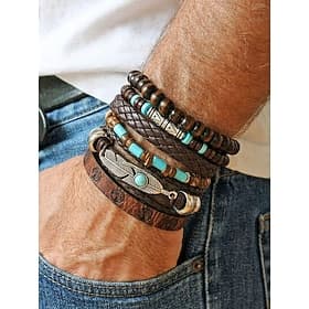 Ensemble de 6 bracelets bohèmes pour homme en cuir et perles de bois vintage Bracelets empilables en alliage d'argent avec pendentif plume, parfaits pour les v