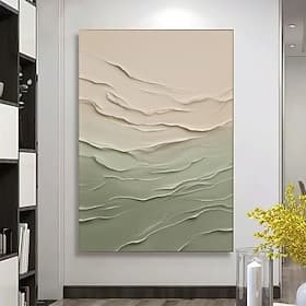 Handgemaltes, abstraktes Gemälde in Salbeigrün und Beige, moderne organische Wandkunst mit sanften Kurven für die Wanddekoration zu Hause