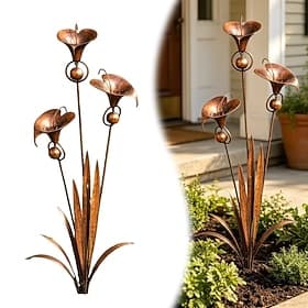 3D Flamed Copper Three Calla Lilies Garden Stake with Bells, Metal Flower Garden Decor Outdoor Yard Art, Rustic Copper End Floral Stake, Garden Ornament Gift f
