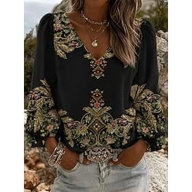 Damen Hemd Blumen Grafik Geometrisch Bohemien Urlaub Vintage Langarm V Ausschnitt Normale Oberteile Lässig Täglich Ferien Schwarz Sommer Frühling