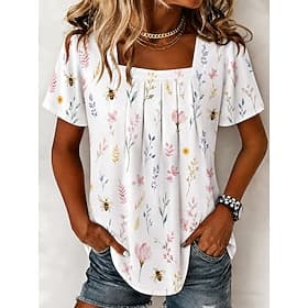 Women's T Shirt Print Floral Graphic Plants Vintage Stylish Classic Short Sleeve Square Neck Regular Tops Daily Weekend Blue Pink Red Summer Spring
