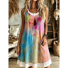 Damen Knielanges Kleid Sommerkleid A Linie Kleid Urlaub Lässig Boho Lässiger Schnitt Ombre Blumen Grafik Ärmellos U-Ausschnitt Blau Rosa Purpur Sommer Frühling