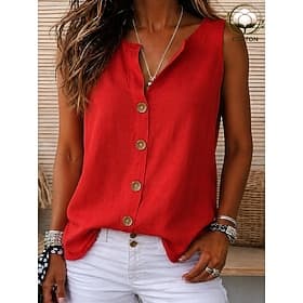 Women's Cotton Linen Blouse Buttons Solid Color Vacation Daily Casual Sleeveless 3/4 Length Sleeve V Neck Regular Tops Casual Daily Going out Khaki Red Orange