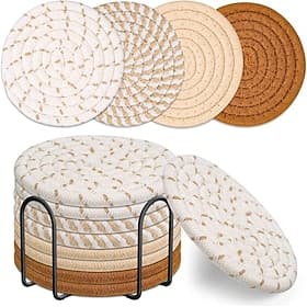 8 Pcs Cotton Woven Coasters for Drinks, Absorbent Coasters Set with Holder, 210°F Heat Resistant, 4.4 Inch Diameter, Cup Coasters for Tabletops, Coffee Tables,