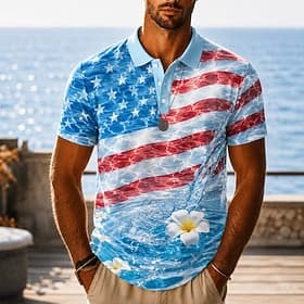4th of July 2026 250th Men's American US Flag Hawaiian Polo Shirts Short Sleeve Polo Shirts Lapel Casual Athleisure 3D Print Buttons Breathable Mesh Spring Su