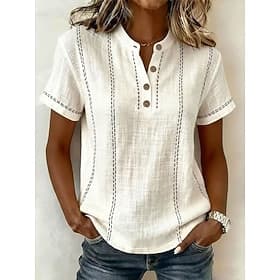 Women's T Shirt Henley Shirt Tee Top Buttons Striped Fashion Short Sleeve Henley Regular Tops Casual Beach Summer White Light Green Navy Blue Sky Blue Orange S