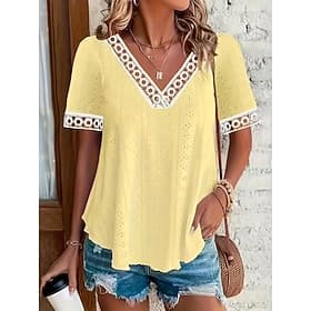 Women's T Shirt Jacquard Lace Solid Color Vintage Stylish Casual Short Sleeve V Neck Regular Tops Casual Daily White Yellow Pink Summer Spring