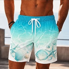 Men's Shell Starfish Swim Trunks Bathing Suits Swim Shorts Board Shorts Mid Waist Hawaiian Daily Beach Vacation Wear Side Pockets Mesh Lining Elastic Drawstrin