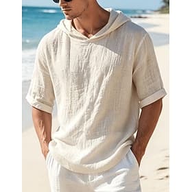 Men's Shirt Summer Shirt Beach Shirt Cotton Linen Shirt Solid Color Casual Outdoor Black White Navy Blue Apricot Short Sleeve Hooded Summer Spring Clothing App