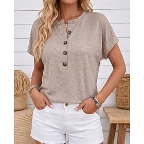 Women's Summer Tops Vintage Fashion Casual Short Sleeve Crew Neck Regular Tops Casual Daily Khaki Black Pink Navy Blue Brown Summer Spring
