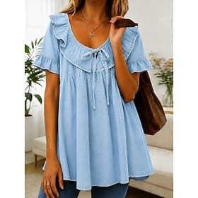 Femmes Chemise Couleur Unie Uni Élégant Bohème ancien Manche Courte manche longue Col ras du cou Hauts courts Occasionnel Quotidien Sortir Bleu Bleu Ciel Été P