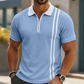 Homme Chemises Polo Gaufre Texturé Occasionnel Quotidien Revers Zip quart Manche Courte Mode Basique Couleur Unie Rayé Fermeture éclair Pur Printemps Été Été