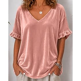 Femmes T-shirt T-shirt en velours A Volants Uni Élégant Occasionnel Manche Courte Col en V Hauts Réguliers Occasionnel Quotidien Sortir Noir Blanche Rose Clair