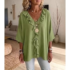 Femmes Chemise A Volants Couleur Unie Uni Élégant Vacances Quotidien Manche 3/4 Col en V Hauts Longs Occasionnel Quotidien Fête Blanche Noir Bleu Ciel Marron V