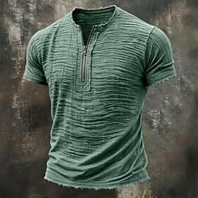 Homme T-shirt T-shirt en lin Manche Courte Bijoux Arrêtez-vous Zip quart Été Printemps Toutes saisons Couleur Unie Texturé Vacances ancien Sports Bord écru Occ