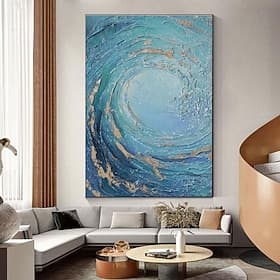 Tableau mural texturé bleu et or peint à la main, représentant des vagues océaniques, peinture à l'huile sur toile, style abstrait, texture impasto, paysage ma