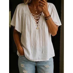 Femmes Chemise Chemisier Froncé Couleur Unie Élégant Quotidien Occasionnel Manche Courte Col en V Hauts Longs Occasionnel Extérieur Bleu Ciel Blanche Rouge Kak