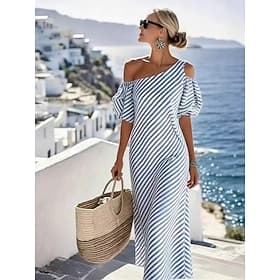 Women's Maxi Dress Sundress Sheath Dress Off The Shoulder Dress Vacation Party Casual Lantern Sleeve Beach Party Wedding Stripe Short Sleeve Cold Shoulder Blue