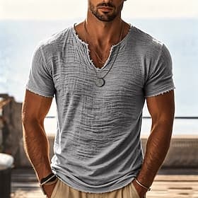 Homme T-shirt T-shirt en lin Manche Courte Col en V Été Printemps Couleur Unie Texturé Vacances ancien Sports Bord écru Occasionnel Maison Extérieur Blanche No
