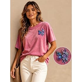 Femmes 100% Coton T-shirt brodé Graphique Papillon ancien Classique Occasionnel Manche Courte Col ras du cou Hauts Réguliers Occasionnel Quotidien Week-end Ros