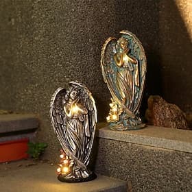Statue lumineuse solaire en forme d'ange pour jardin, figurine d'ange en résine étanche pour extérieur avec LED rose, décoration commémorative en bronze argent