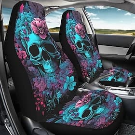 Ensemble de 2 housses de siège auto à motif floral et tête de mort éclatante, protection pour siège baquet avant pour SUV, camion, berline, fourgonnette, desig