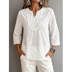 Women's Eyelet Top Blouse Lace Tops Lace Hollow Out Floral Stylish Modern 3/4 Length Sleeve V Neck Regular Tops Casual Beach Holiday White Summer Spring