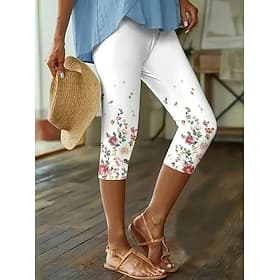 Women's Capri Pants Leggings Vacation Fashion Streetwear Capris High Waist Floral Graphic Print Comfort Soft Comfortable Stretchy Daily Outdoor Vacation White
