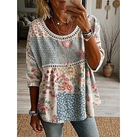 Femmes Haut à œillets Tunique Imprimé Fleuri Graphique ancien Quotidien Élégant Manche 3/4 Col ras du cou Hauts Réguliers Occasionnel Quotidien Bleu Rose Clair